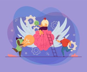 A imagem mostra um cérebro rosa com asas, simbolizando liberdade de pensamento. Três pessoas interagem com ele: uma segura uma lâmpada (ideias), outra um rosto sorridente (bem-estar) e a terceira um ramo de oliveira (paz). Há uma escada encostada no cérebro, sugerindo crescimento.